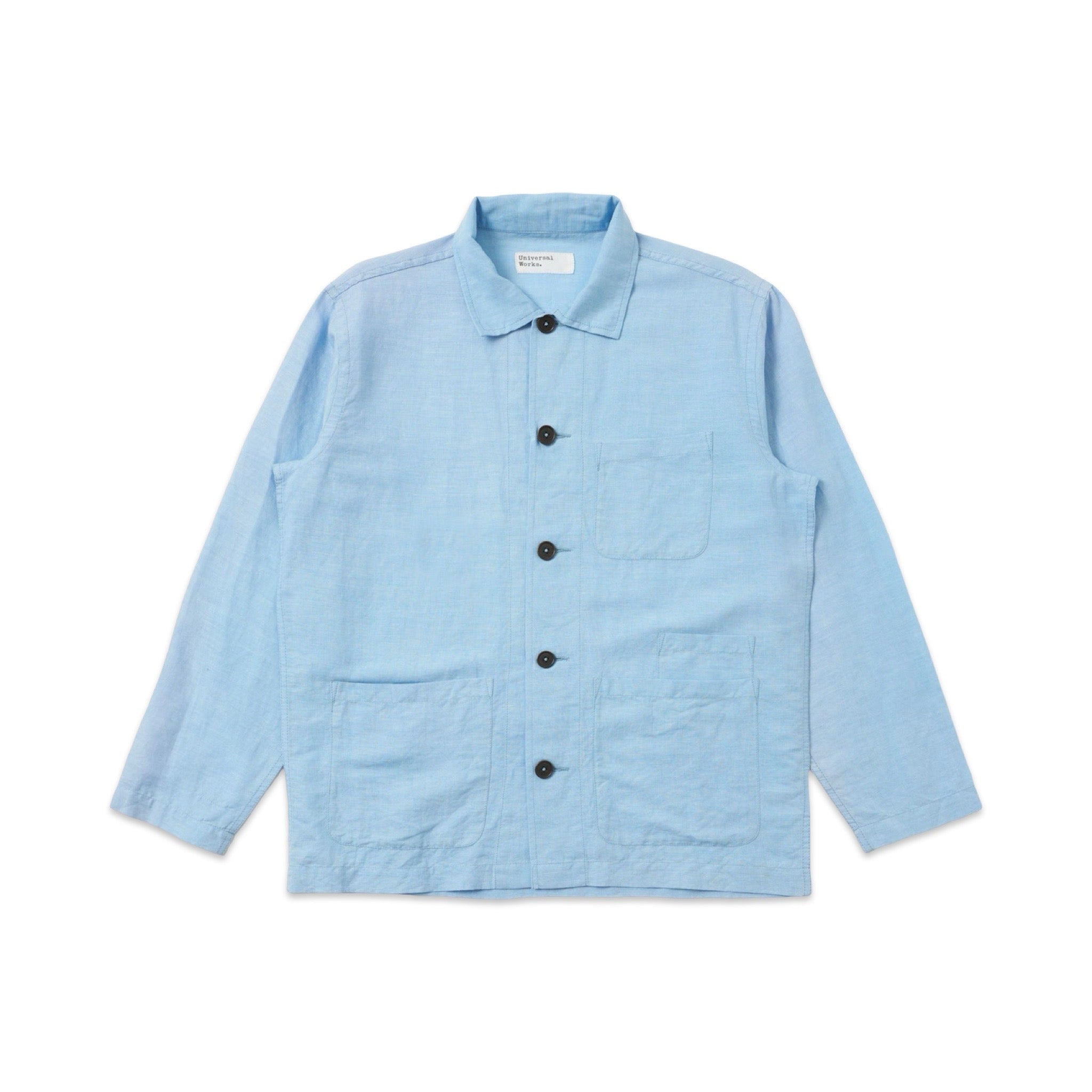Universal Works Bakers Overshirt linen cotton shirting pale blue