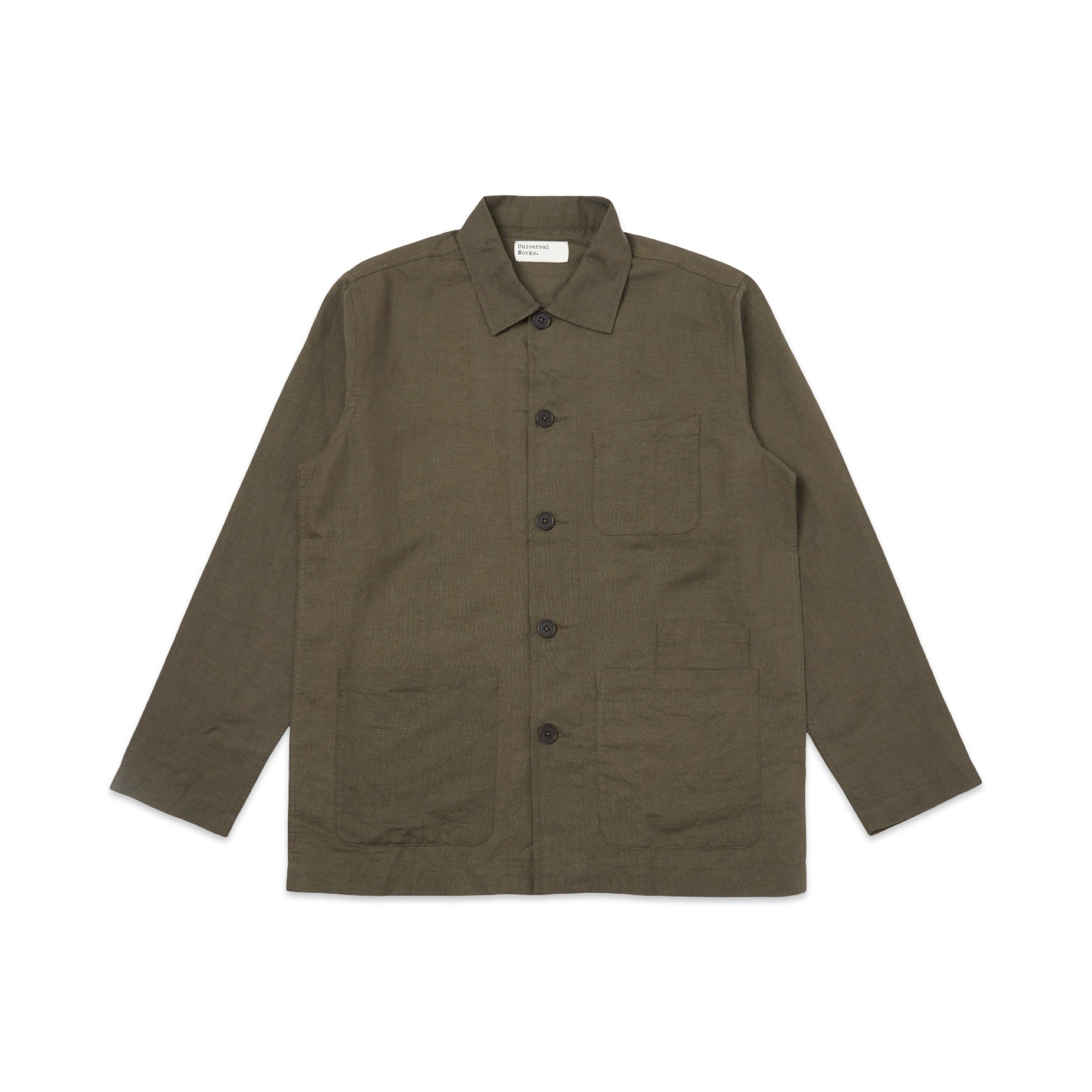 Universal Works Bakers Overshirt Linen Cotton Shirting olive