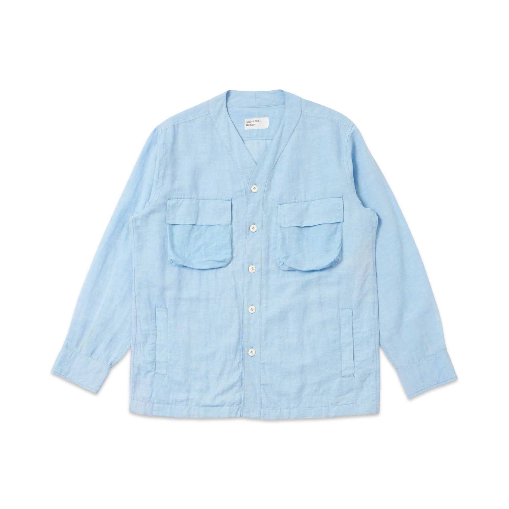 Universal Works Parachute Shirt linen cotton shirting pale blue
