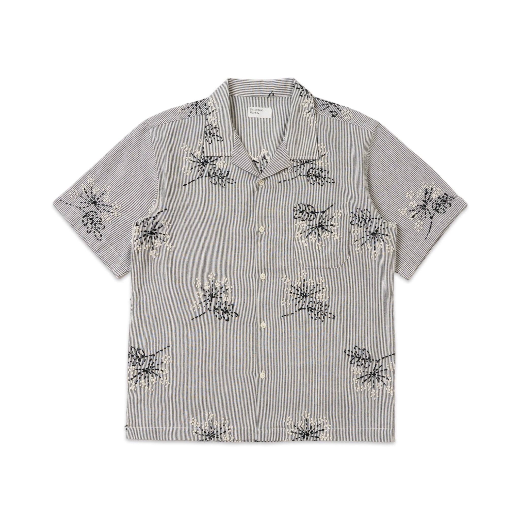 Universal Works Road ShirtHand Embroidered Stripe Cotton grey