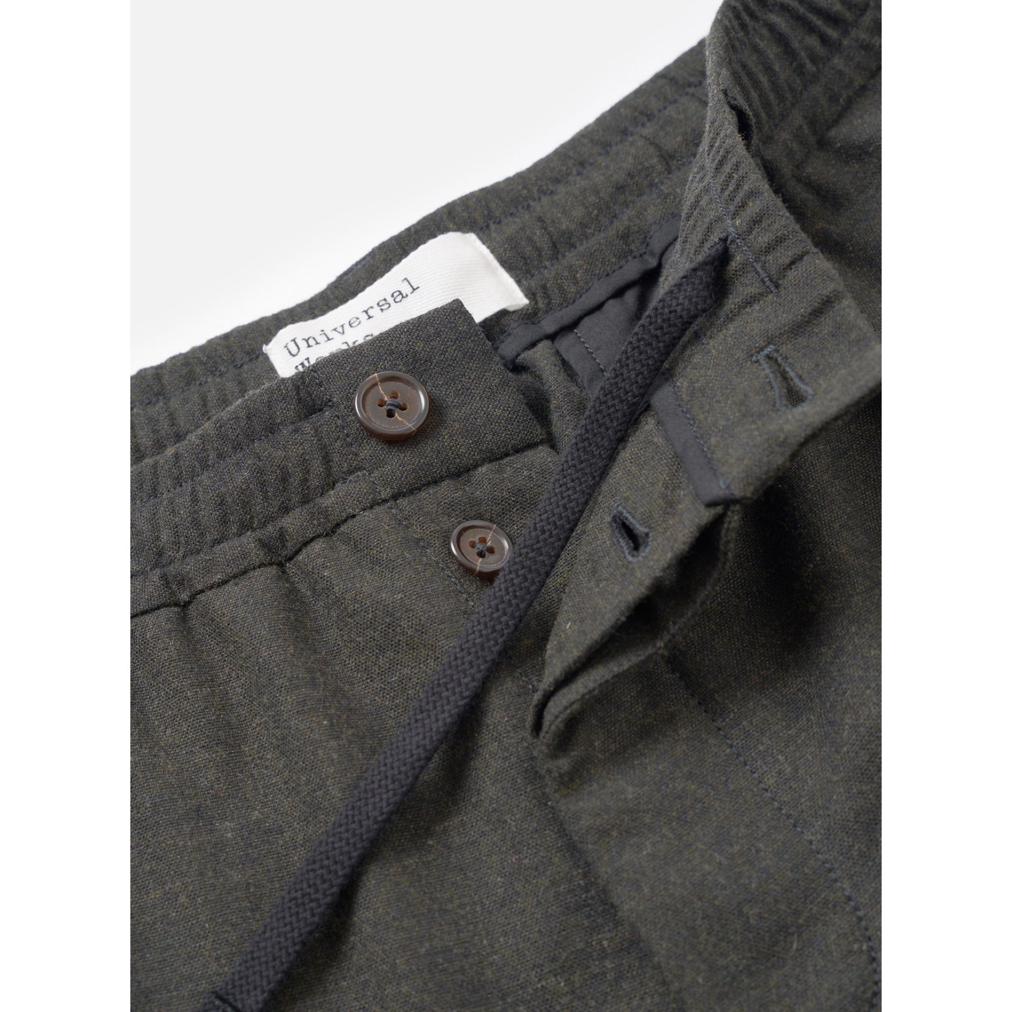 Universal Works Pleated Track Pant recycled it tweed olive