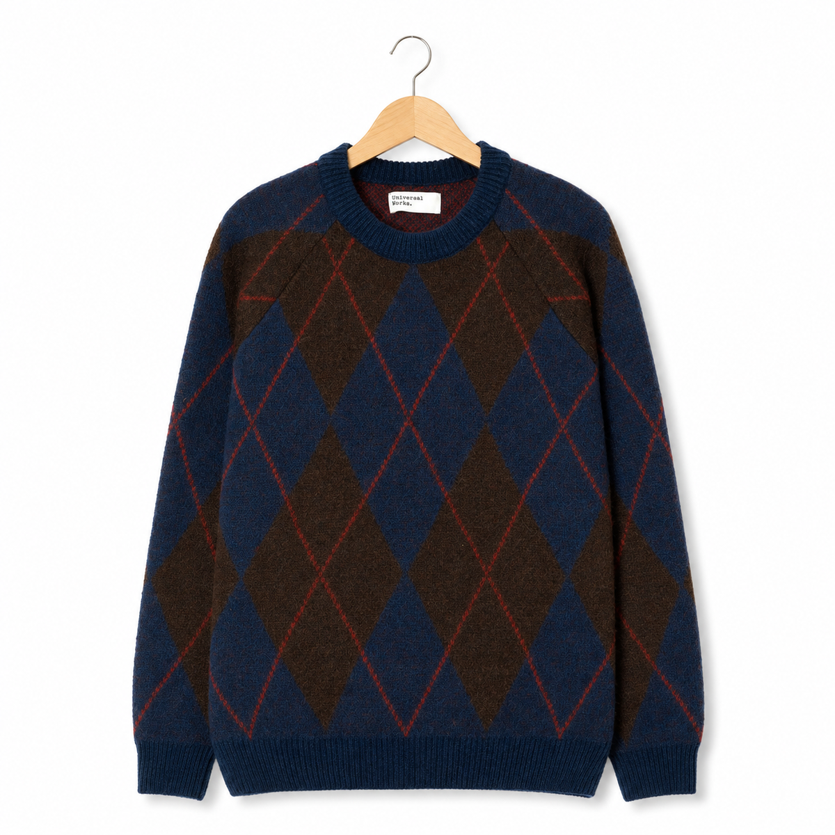 Universal Works Lyon Crew alpaca argyle navy