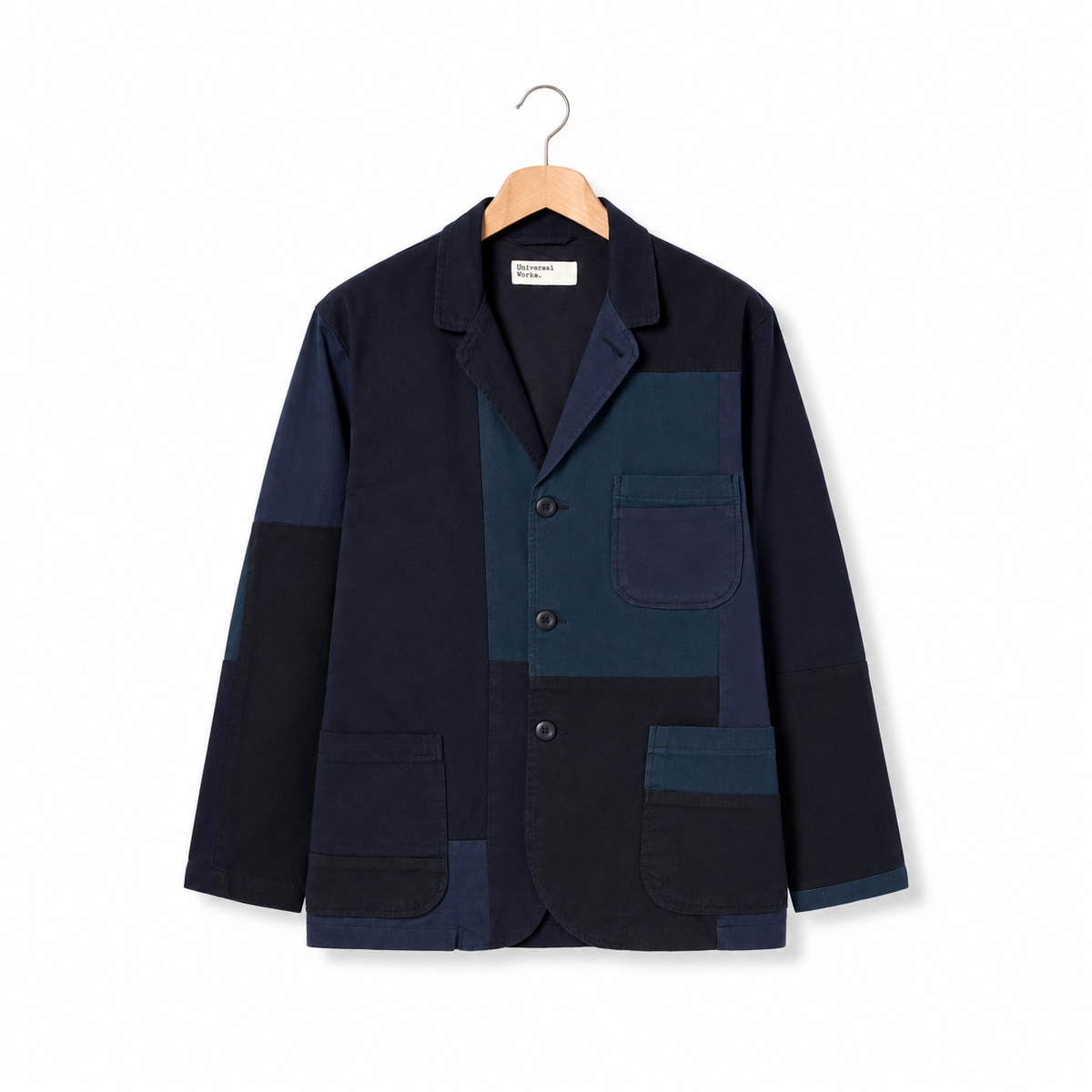 Universal Works Three Button Jacket patchwork twill navy