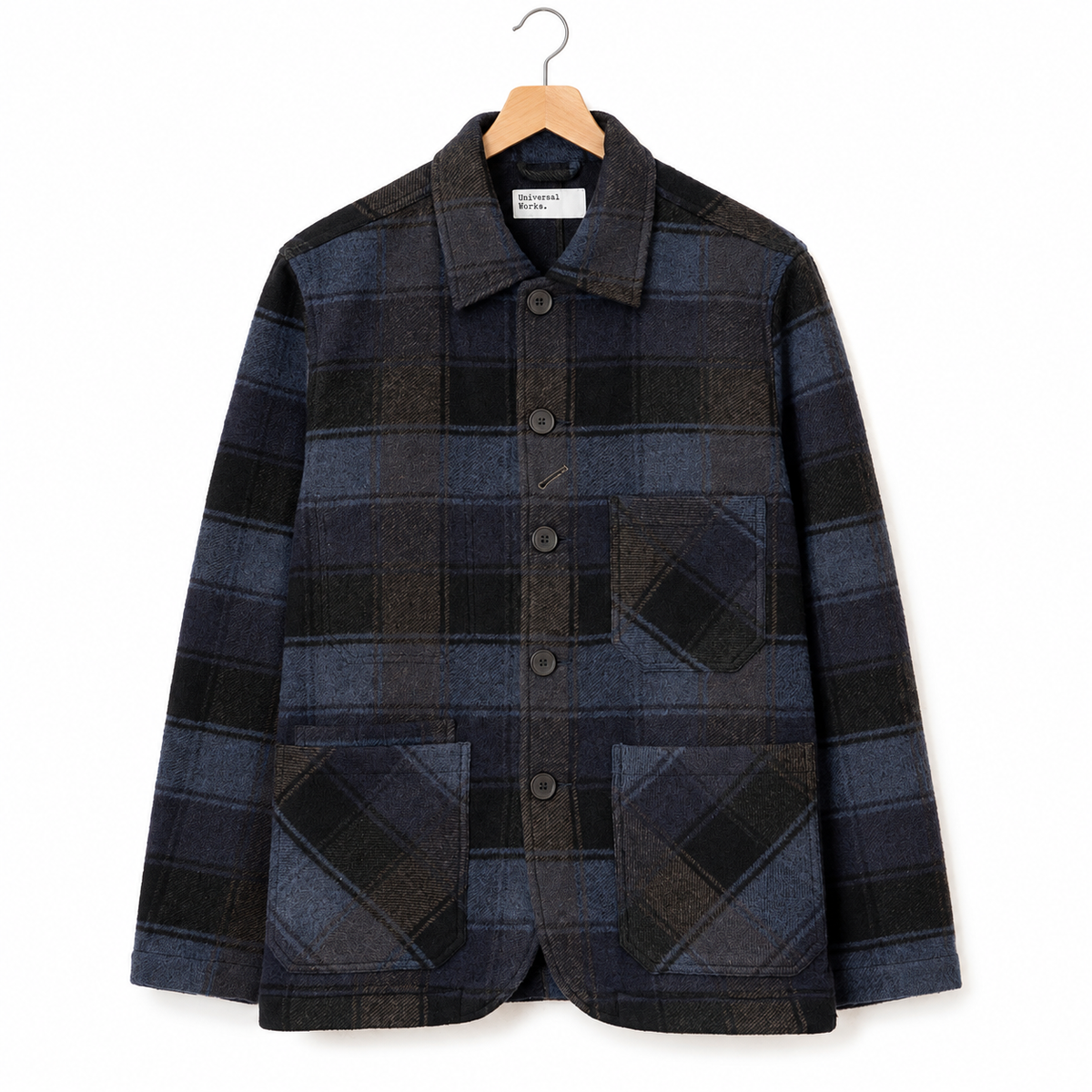Universal Works Og Bakers Jacket berlin wool check navy/brown