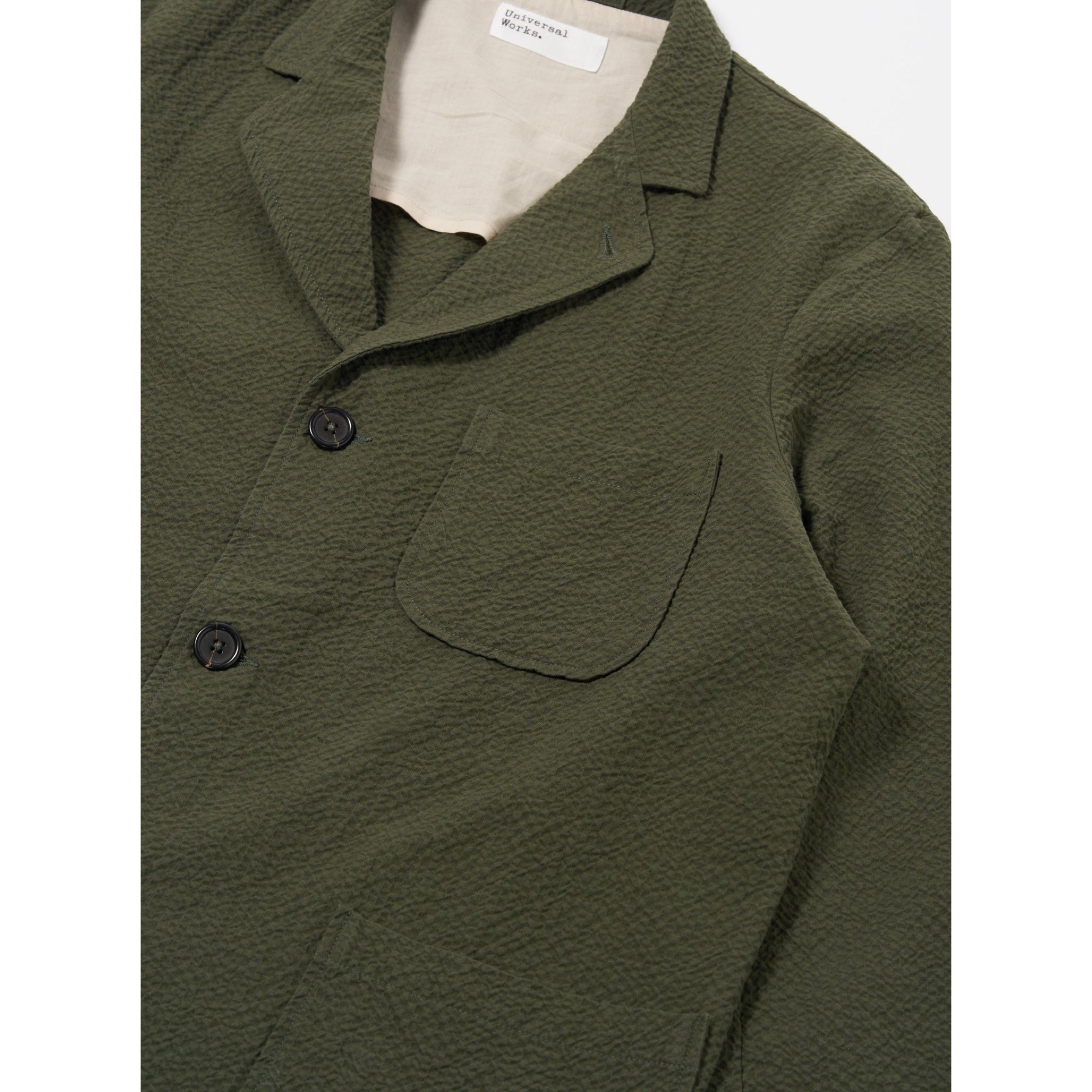 Universal Works Three Button Jacket Merida Seersucker olive