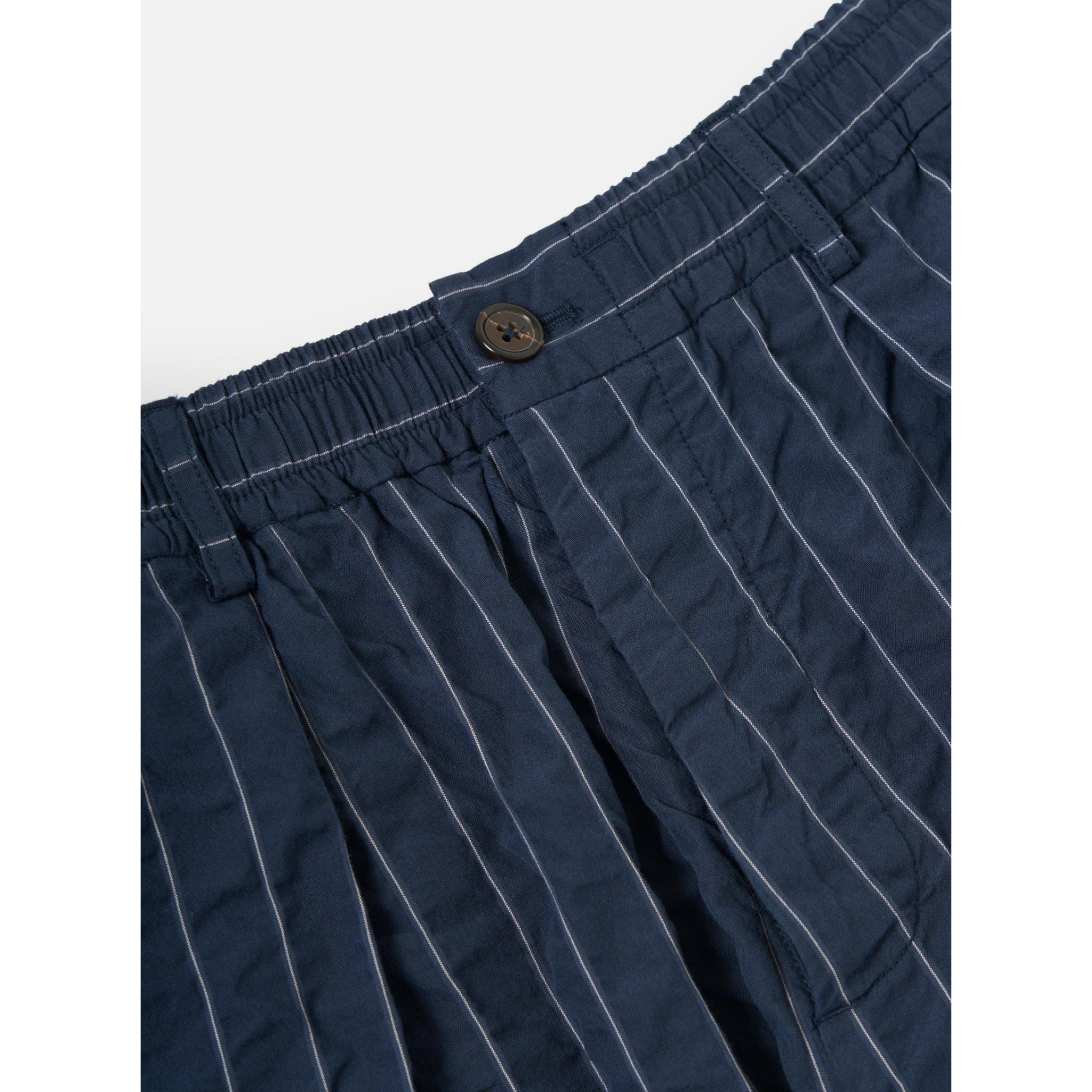 Universal Works Pleated Track Pant Chester Stripe navy
